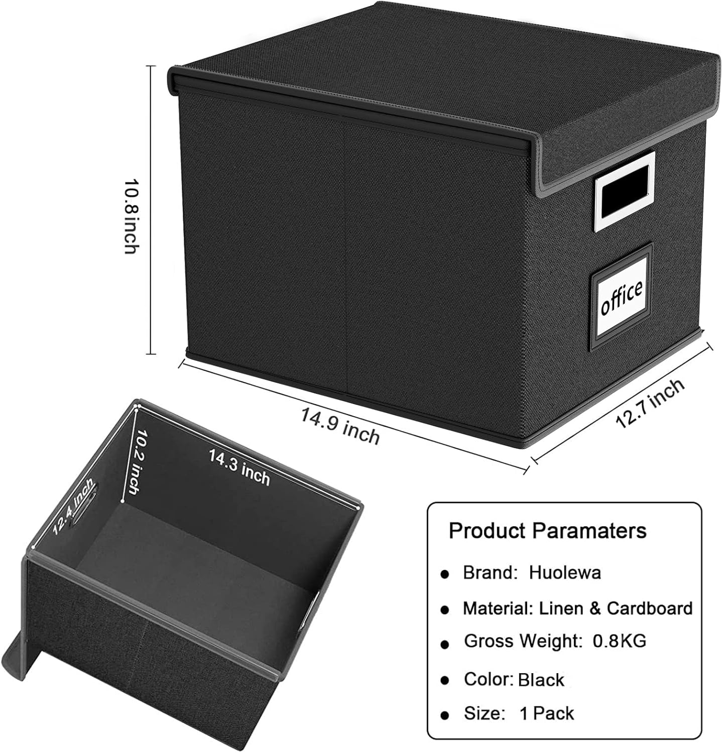 Huolewa Upgraded Portable File Organizer Box, Large Linen Hanging Office Document Storage Box with Lid - Black, Collapsible Filing & Storage Boxes for Office/Decor/Home - 14.9 x 12.59 x 10.8 inch