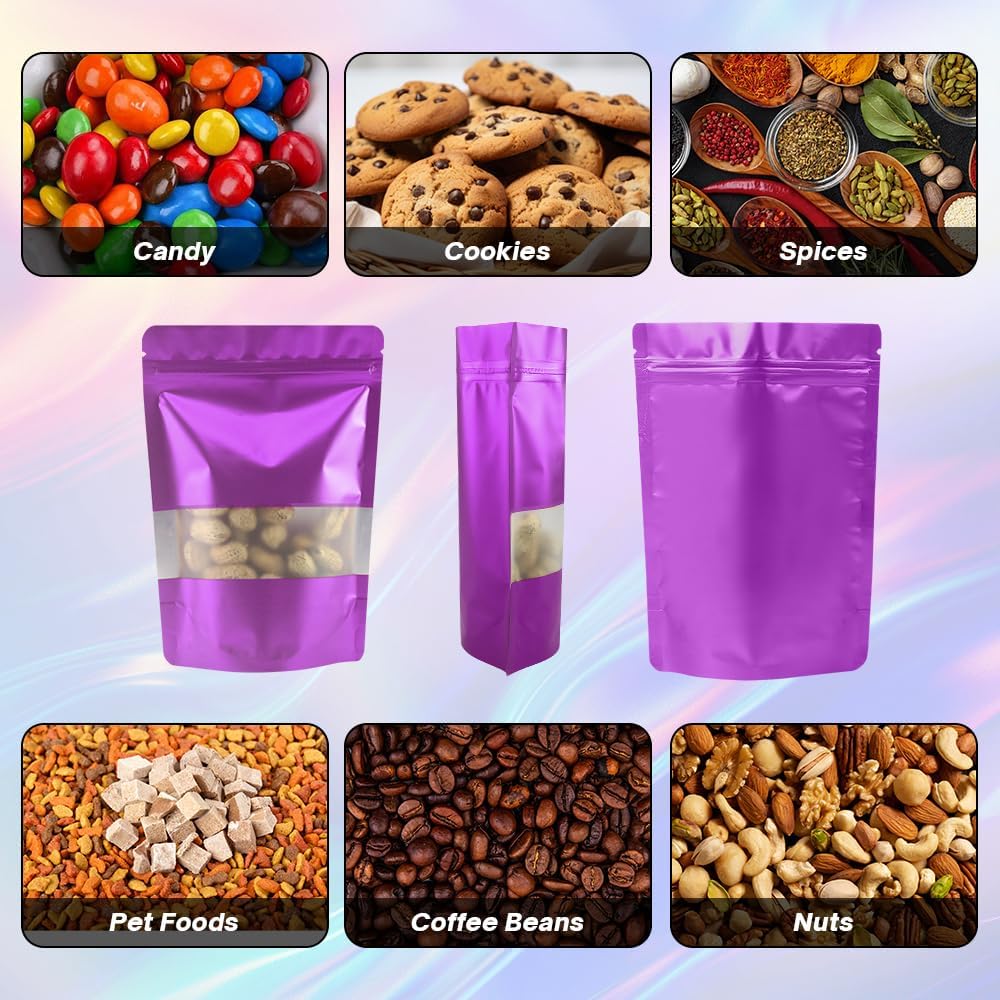 4CP 100 Pcs Zipper Smell Proof Bags with Window, 3.5x5.0 Inch Stand Up Foil Pouches for Food Selfsealing Storage, Reusable Bag for Packaging Small Business, Cookies, Nunt, Candy Purple