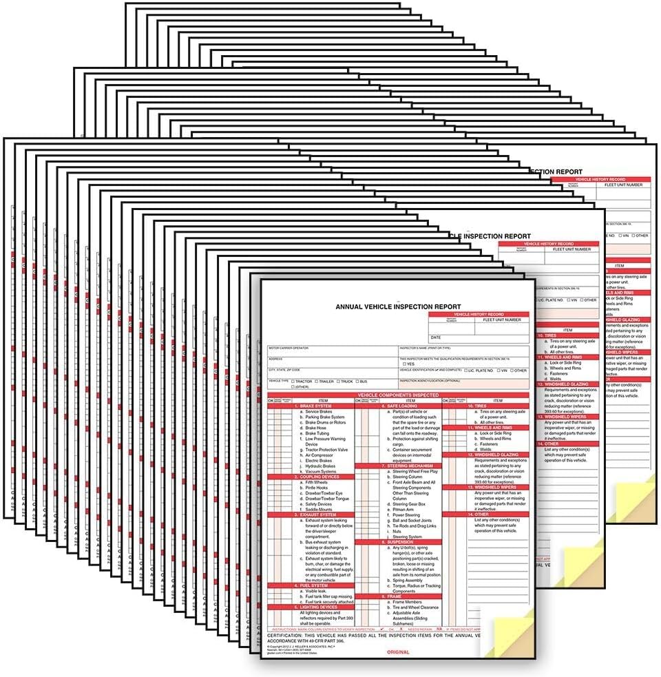 J. J. Keller 100-Pack, Annual Vehicle Inspection Report Forms, 3-Ply Carbonless Form, DOT Compliant