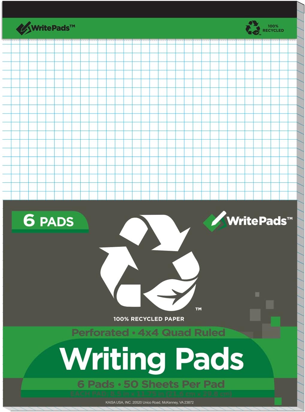 KAISA Graph Paper Legal Pads Writing Pads Recycled Paper 8.5"x11.75" Quad Ruled 4x4 Perforated 50sheets/pad Grid Paper Notepads Writing Tablet White For Office Supplies (White 6pad, 8.5x11.75'')