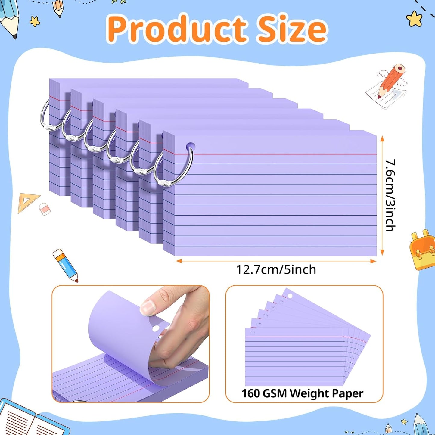 Index Cards 3x5 Inches, 300 PCS, Purple Flash Cards With Ring, Punched Lined Study Card Ruled Flashcards Notecards, Ruled Front And Blank Back, Note Card for School, College And Home