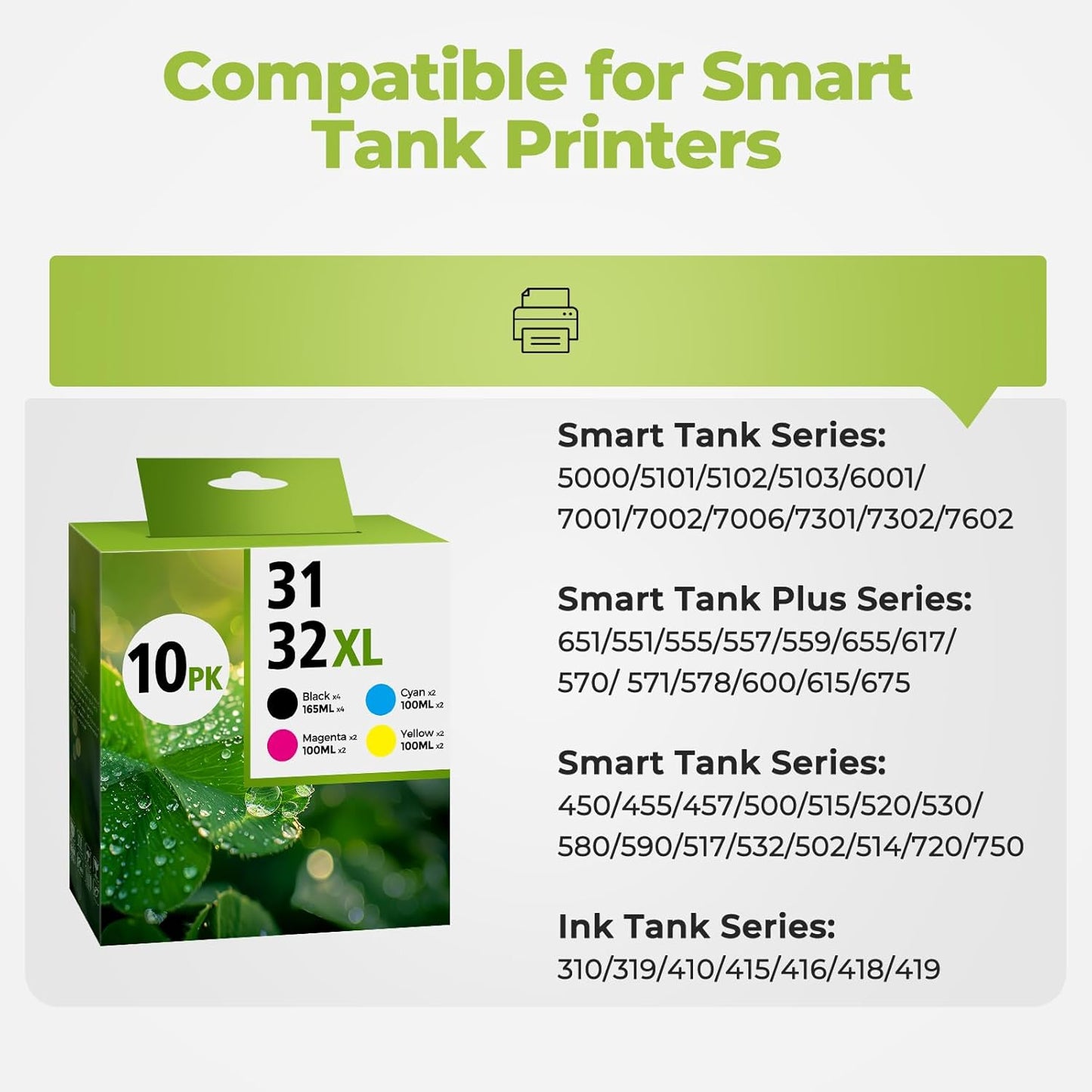 31 Ink 32XL Black Ink Bottle Set for Smart Tank 7602 6001 5101 7301 Ink Refill Compatible with HP 31 Ink 32XL Black Ink Bottle Set for Smart Tank 651 5000 5103 7001 5102 7002 7006 Printers, 10 Pack