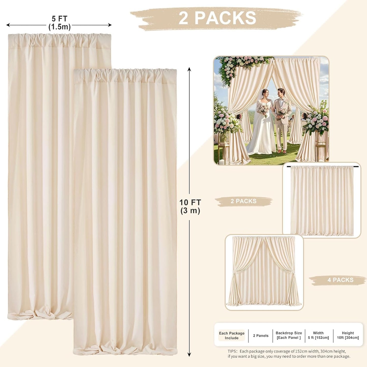 Ivory Backdrop Curtains 2 Panel 5ft x 10ft Polyester Fabric Wedding Backdrops for Arch Party Stage Ceremony Photography Background Decoration