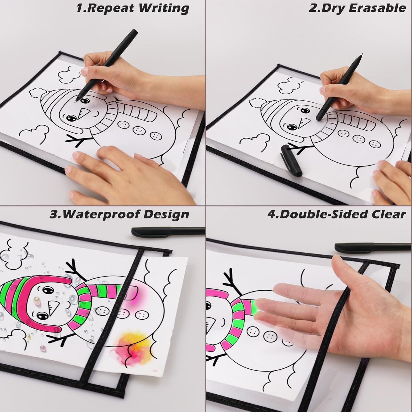 100 Packs Dry-Erase Pockets Bulk Oversized Reusable Dry Erase Pocket Sleeves with 6 Rings, 10x14 Black Ticket Holders, Clear Plastic Sheet Protectors, Teacher School Classroom Supplies