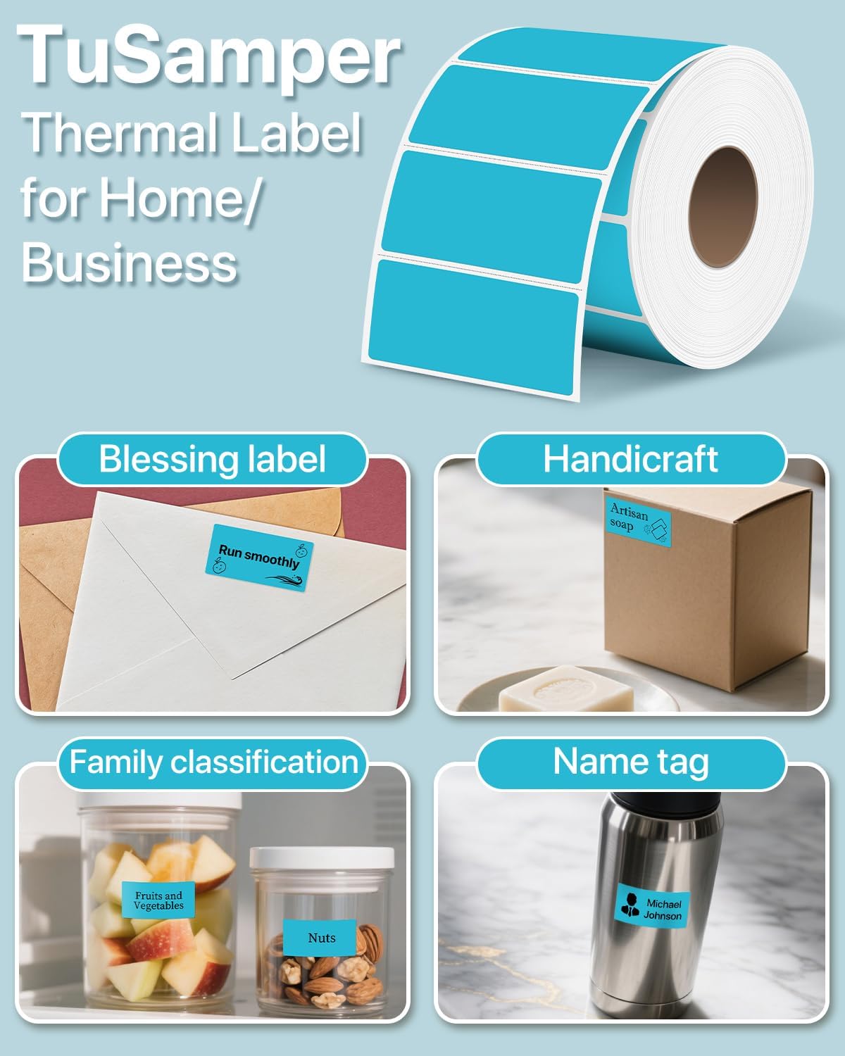 2×1 Inch Thermal Labels Sticker Self-Adhesive Label Paper Blue Direct Thermal Printer Stickers with Perforation Line 1000 Sheets/Roll