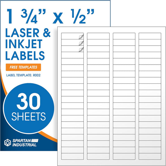 1 3/4" X 1/2" Matte White Return Address Labels Compatible with Inkjet and Laser Printers - 30 Sheets, 2400 Small Printable Stickers for Mailing, Barcodes, Organization - Spartan Industrial