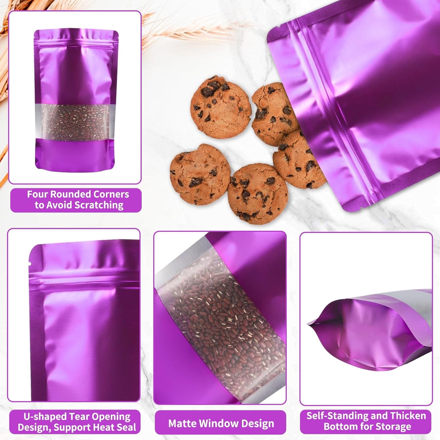100 Pack Smell Proof Bags, Resealable Purple Mylar Bags with Matte Window, Foil Pouch Stand Up Sealable Bags for Packaging, 7.08×10.23 Inch