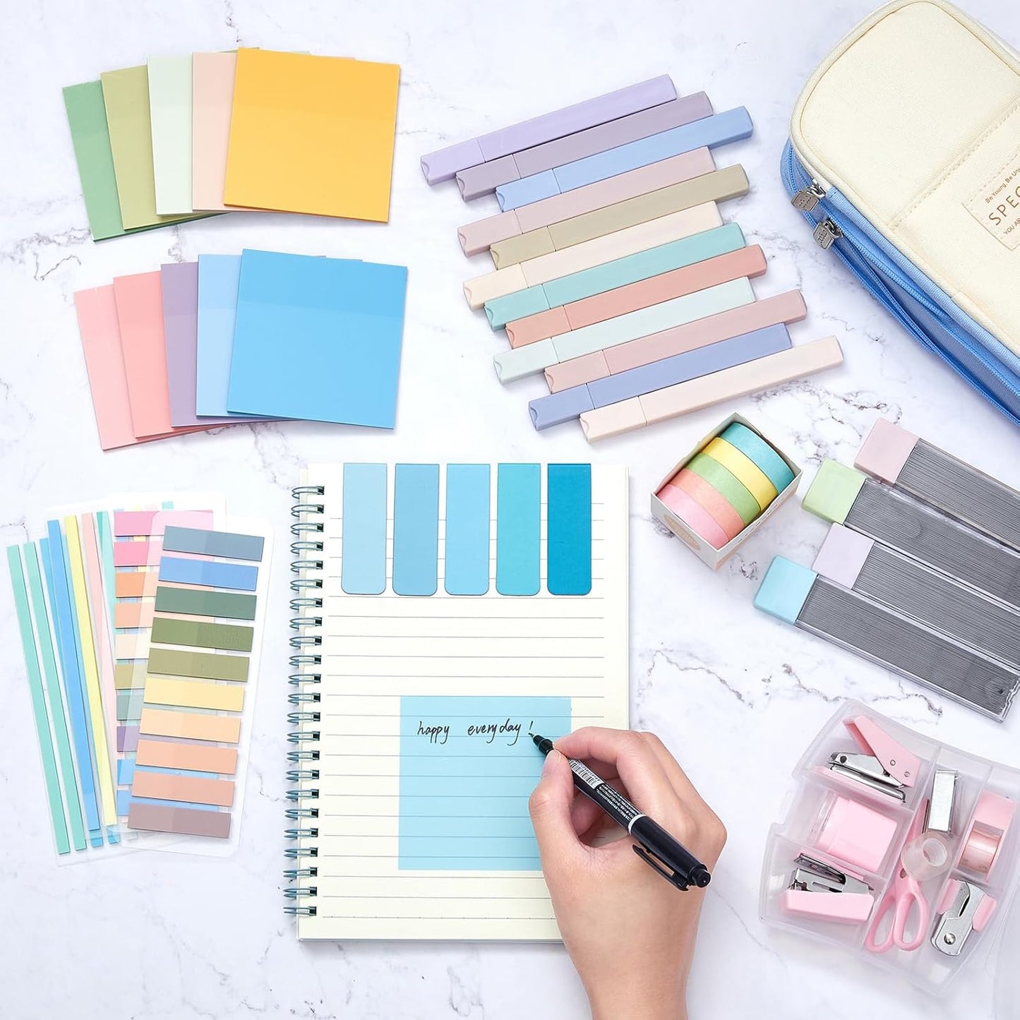 60 Pcs Aesthetic Book Annotation Kit School Supplies Cute Pencil Case with Highlighter Gel Pen Mechanical Pencil Magnetic Bookmarks Transparent Sticky Note Tabs Student Stationary(Light Blue)