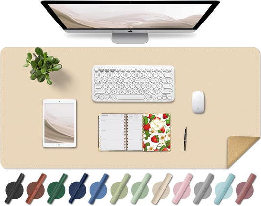 BLESWIN Large Desk Pad 35.4"" x 17"", Non-Slip Desk Mat with PU Leather & Natural Cork, Waterproof Writing Desk Natural Cork, Computer Mat Desk Protector for Office Home, Apricot