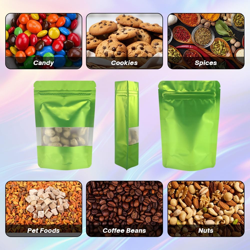 4CP 100 Pcs Green Zipper Smell Proof Bags with Window, 5.5x7.9 Inch Stand Up Foil Pouches for Food Selfsealing Storage, Reusable Bag for Packaging Small Business, Cookies, Nunt, Candy