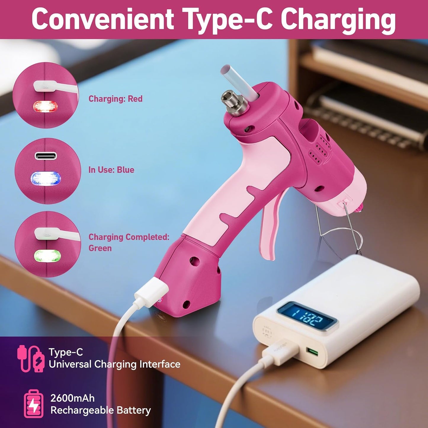 Hot Glue Gun with 30 Glue Sticks,20W Rechargeable Pink Hot Glue Gun and Sticks Set,Mini Glue Gun for School Craft DIY Arts,Quick Home Repairs & Decoration