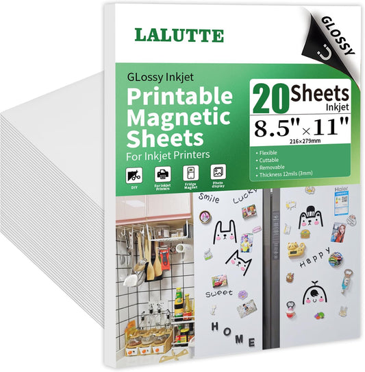 20Pcs 8.5x11 Inches Printable Magnetic Sheets for Inkjet Printers, Glossy White Magnetic Print Paper, 12mil Thickness, Flexible Magnet Photo Paper for Refrigerator DIY Crafts