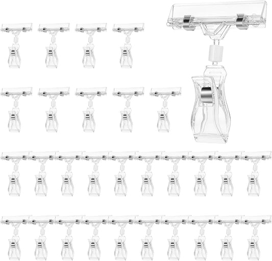 30PCS Clear Sign Clips Plastic Rotatable Pop Clip Sign Holder Stand for Merchandise Display, Sign Holder Clips for Retail, Double Display Clips for Retail Rack, Baskets, Cards