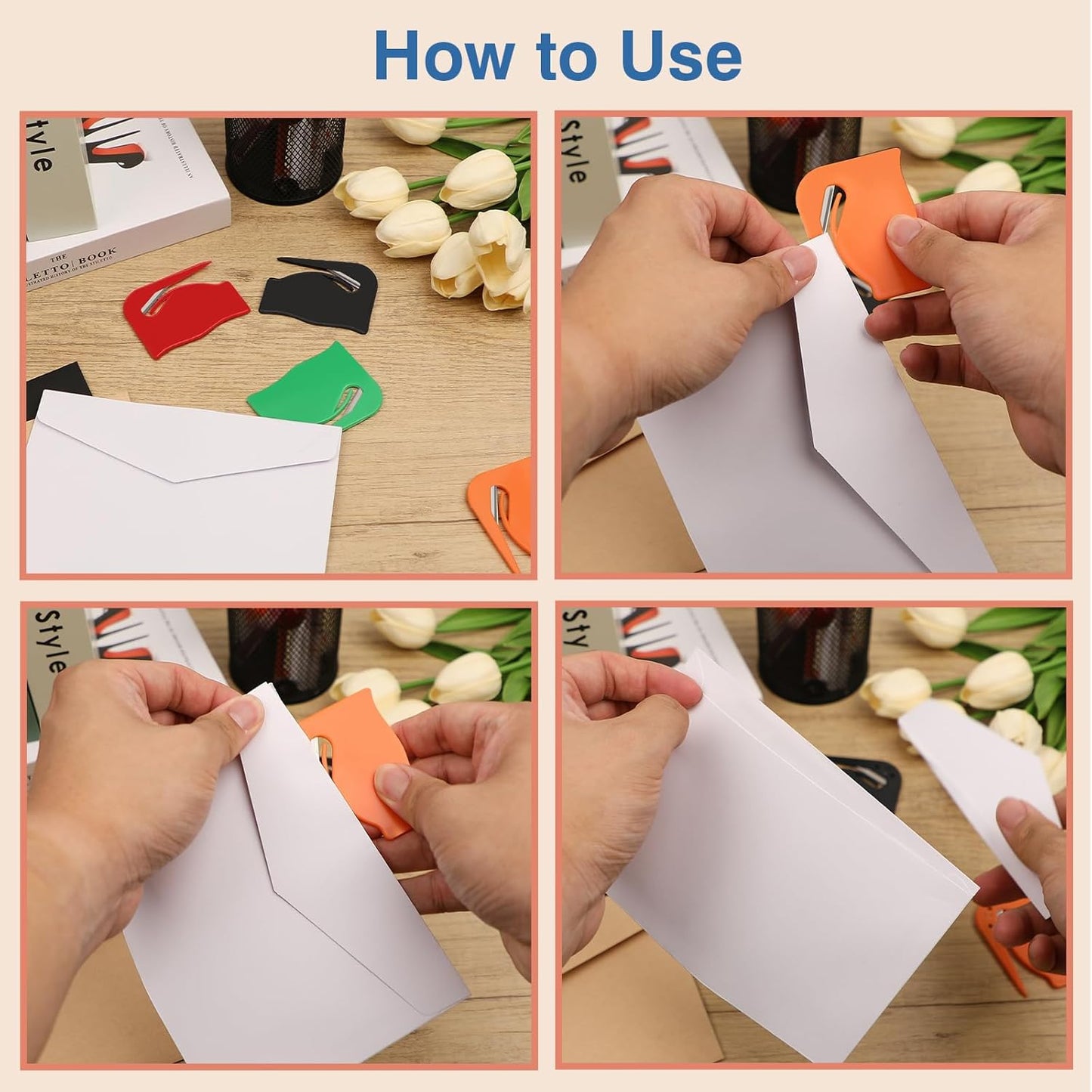 Letter Opener Envelope Slitter 8 Pack, Mail Opener with Concealed Blade, Portable Envelope Opener for Home, Office, and Travel, Durable Paper Cutters - 4 Colors (2 Each), Safe & Easy Mail Opening