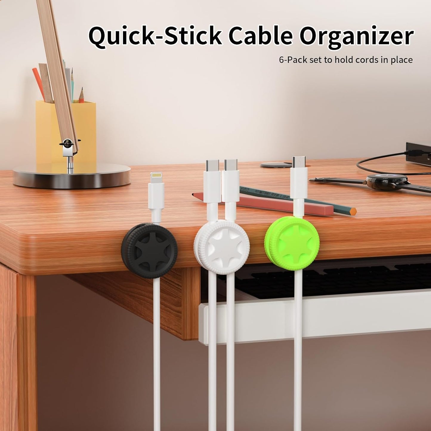 6 Pack Cord Organizer Clips - Desk Cable Management Clips, Cable Holder for Charger Wires, Phone Charger Cord Holder Clips for Desk, Office, Car, Home, Cubicle, Nightstand