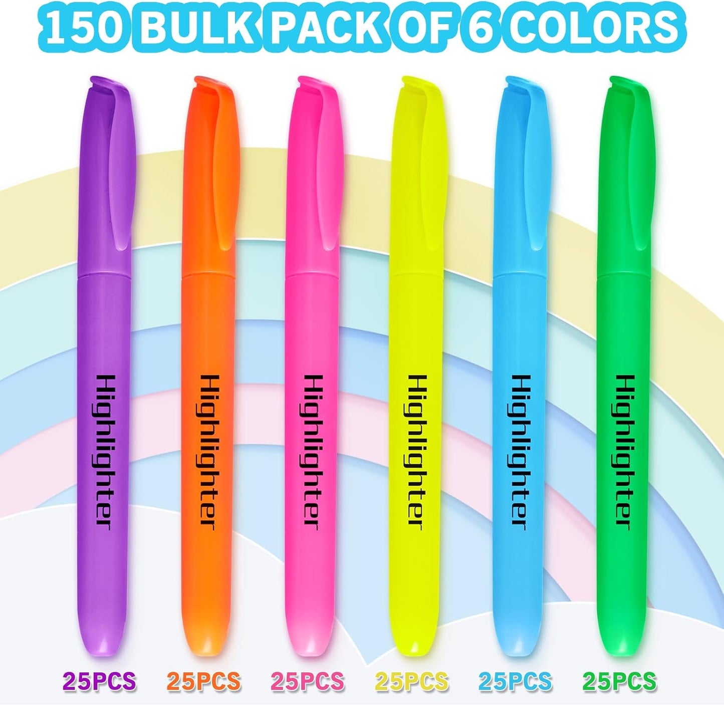 Highlighters, Chisel Tip Dry-Quickly Highlighter Markers, 150 Count-6 Assorted Colors Highlighters Bulk Pack for Adult Kids, Office Classroom Must Have, School Supplies for Teachers