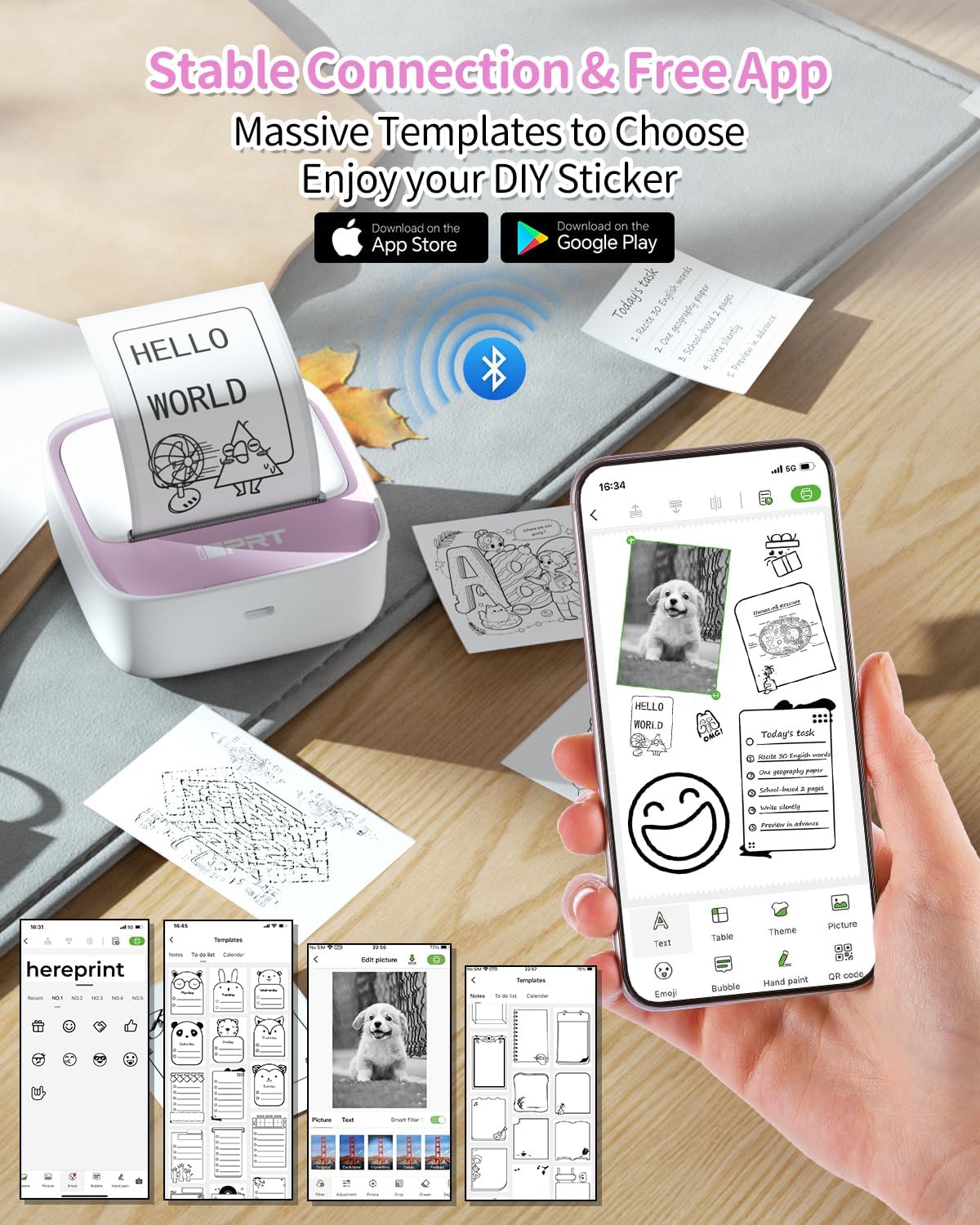 iDPRT Sticker Maker, Portable Thermal Printer with 1 Roll Sticker Paper, Bluetooth Inkless Printer Mini Label Maker for Study, DIY, Notes, Mini Label Maker with Multiple Template in Free App, Pink