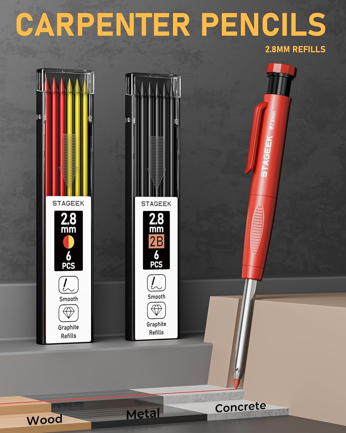 14 Pack Carpenter Pencil Set with Sharpener, Mechanical Carpenter Pencils with 60 Refills, Deep Hole Long-Nib Marker Pens, Carbide Scribe Tool & Construction Pencils for Architect with Case