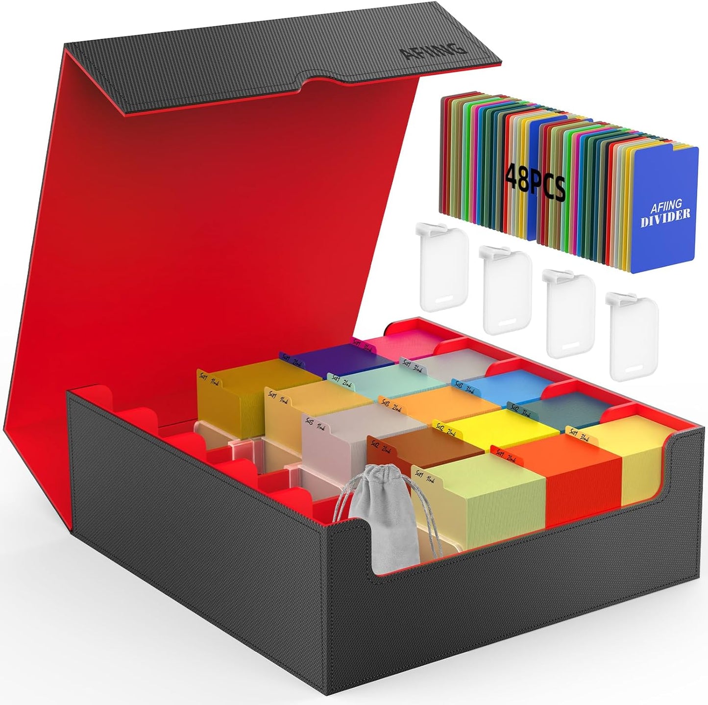 AFIING Trading Card Storage Box, MTG Deck Box with 48 Dividers & Supporters, Commander Card Deck Case Fits for Magic Game Cards, YugiOh, TCG, baseball and Sport Cards, Black Red 3200+