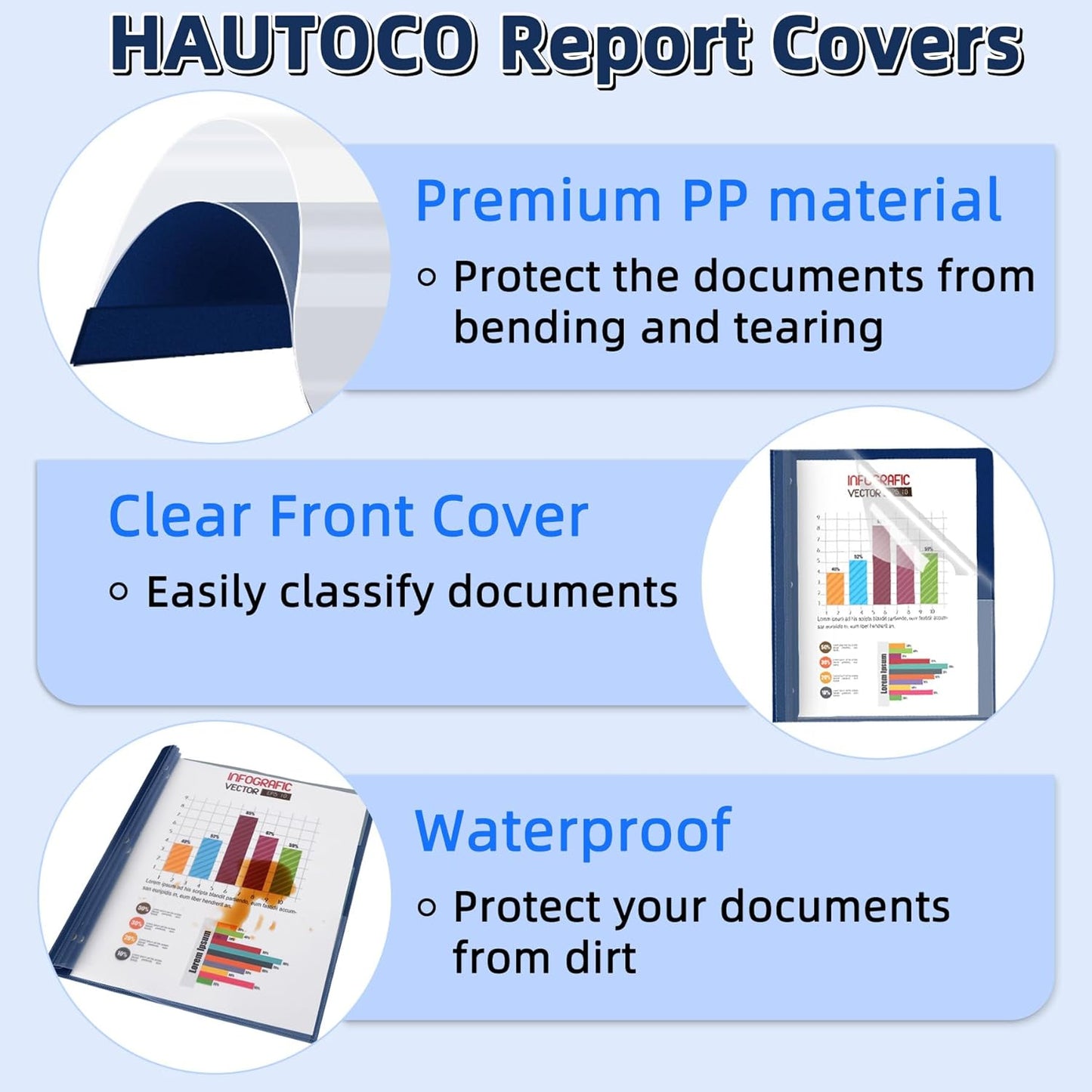 HAUTOCO 30 Pack Plastic Report Covers with 3-Prong Fasteners Clear Front Presentation Folders Resume Folders for 8.5x11 Letter Size Paper, Document Report Cover for School Office Business, Navy Blue