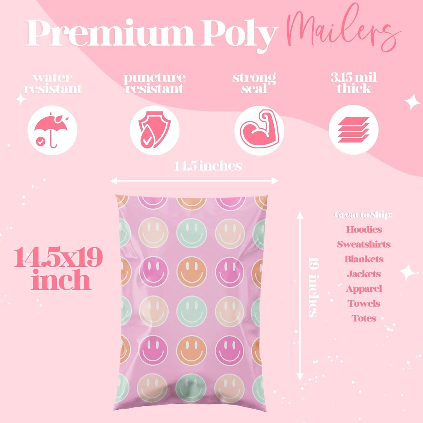 10x13 Designer Poly Mailer 100 Pack Heavy Duty Waterproof Self Seal Shipping Bags for Small Business Large Mailing Envelopes Bulk Tear Resistant Cute Packaging Smiley Face