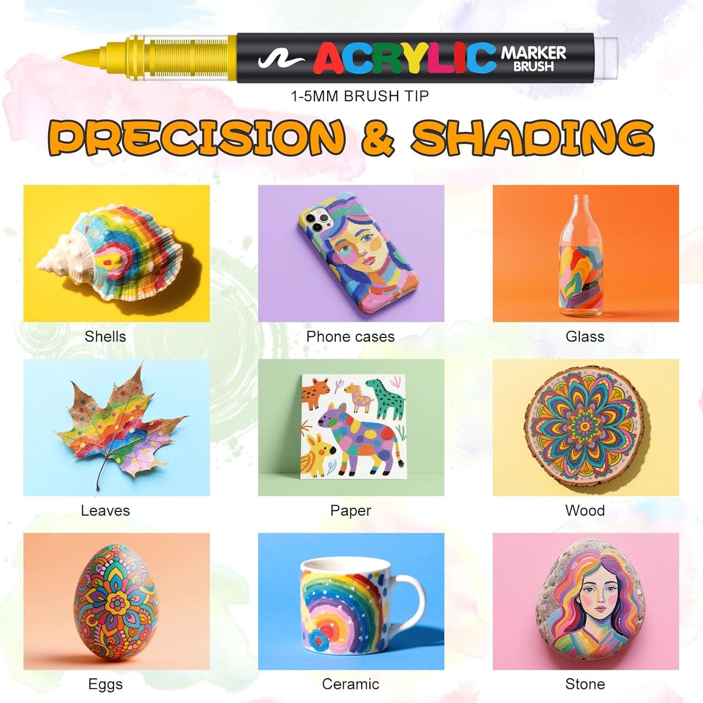 72 Acrylic Paint Markers, Soft Brush Tip Acrylic Markers for Rock Painting, Wood, Stone, Glass, Canvas, Fabric, Ceramic - Brush Tip Water Based Pens