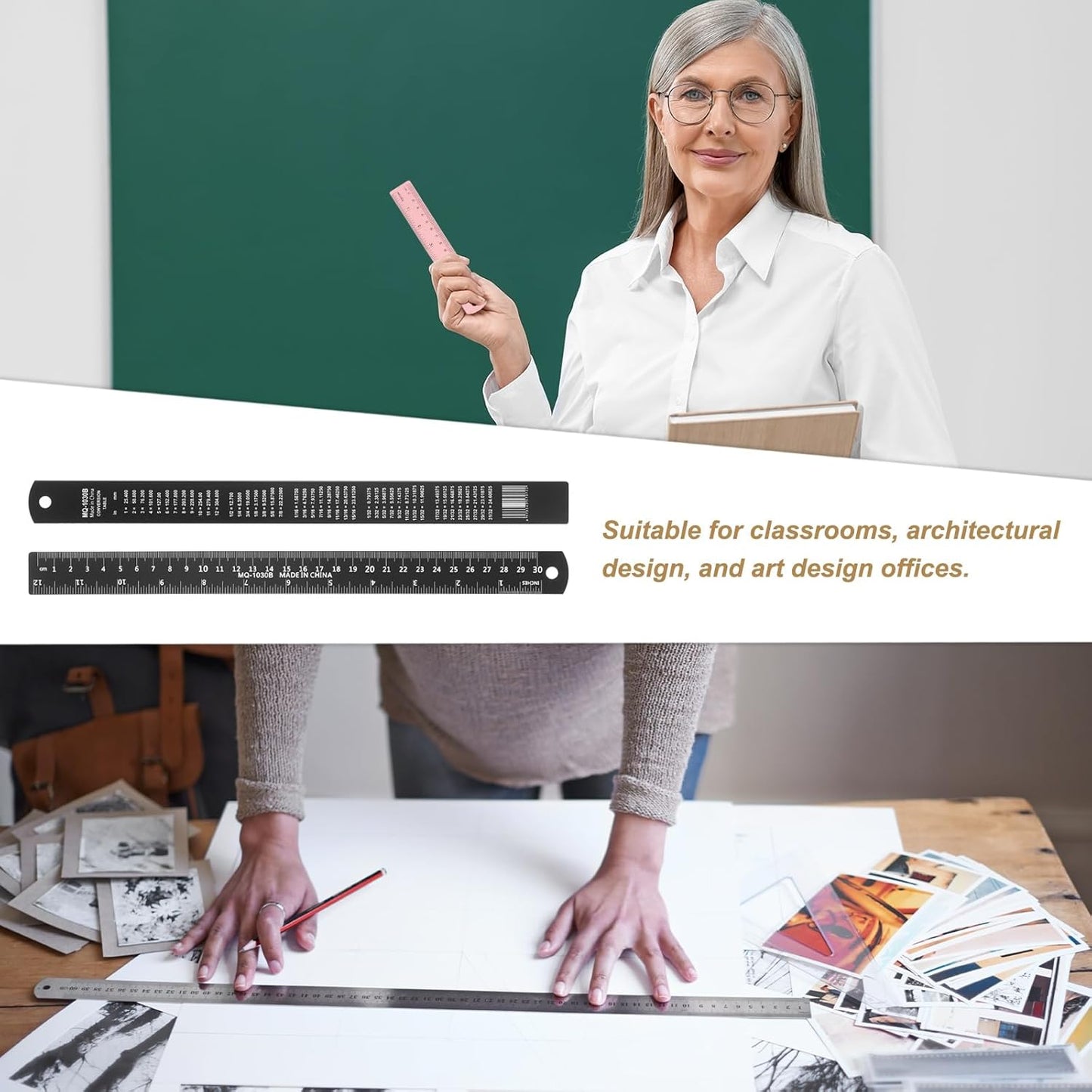 HARFINGTON 4pcs Metal Straight Ruler 30cm Metric SAE Aluminum Alloy Measuring Rulers Scale Tool with Hole for Measure Study Reading Classroom Office, Black