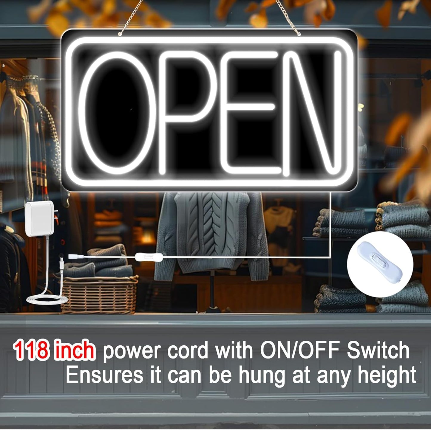 16.5" X 9" Led Neon Open Signs for Business Ultra Bright Plug In Electric Light Up Open Signs with ON/OFF Switch and 12V/2A AC Adapter for Storefront Window Bar Salon Coffee Stores (White)