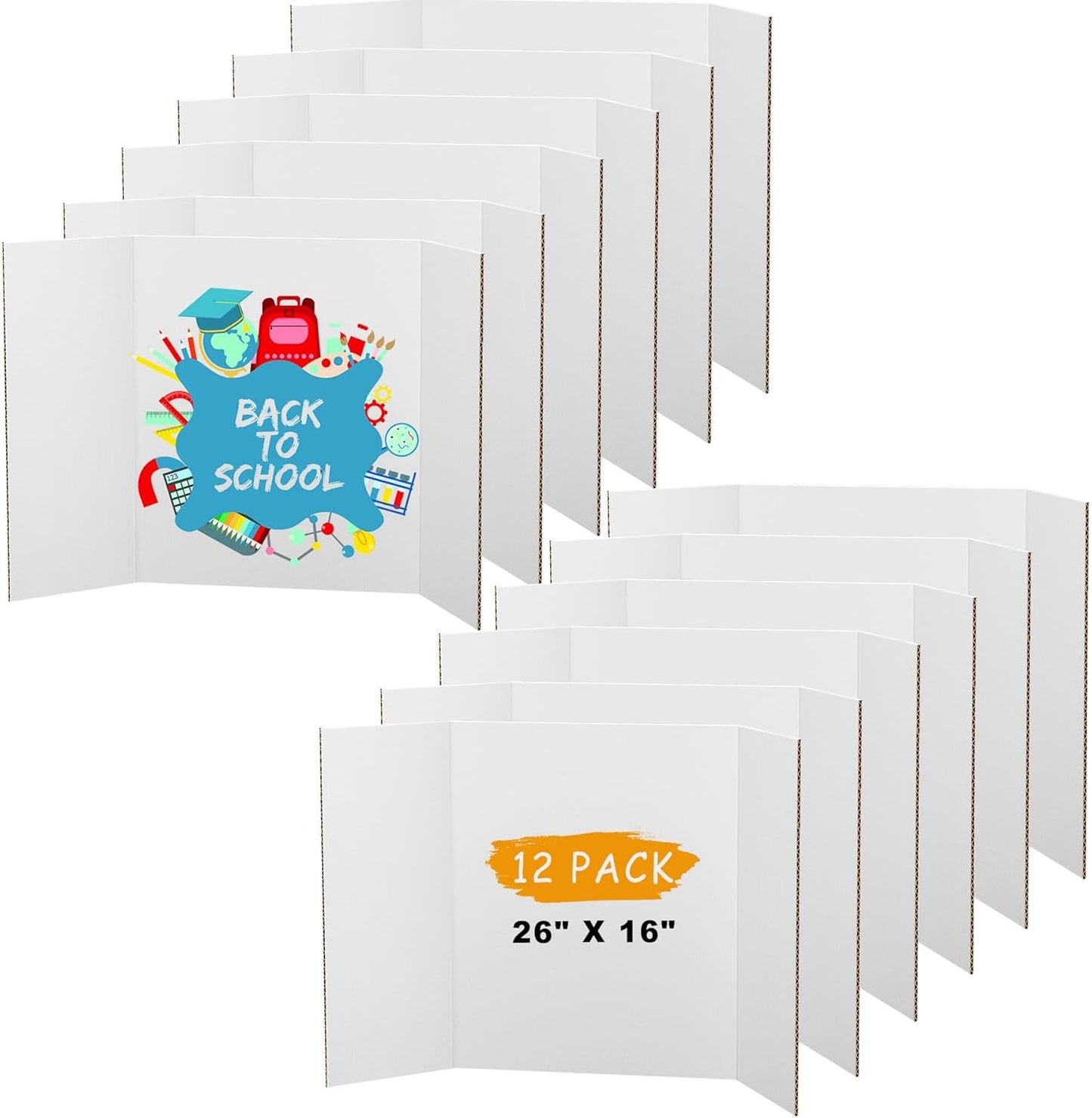 12 Pack Medium Trifold Poster Board, 26" x 16" White Corrugated Cardboard Tri Fold Poster Boards for Presentation, School Projects, Science Fair, Photo Display Exhibitions Event