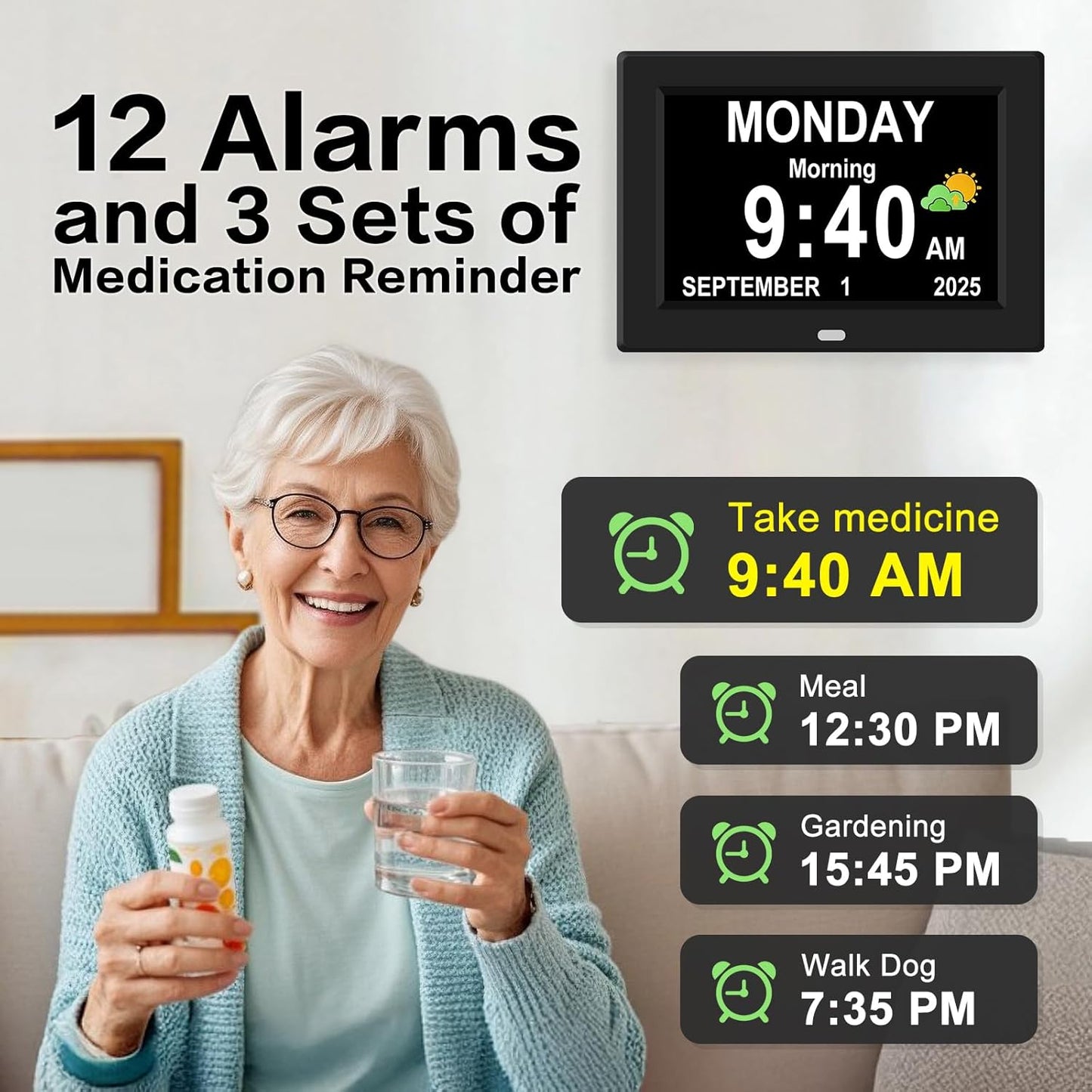 7‘’ Digital Alarm Clock for Elderly Large Display for Seniors Electric Clocks with Date Day of Week 12 Alarms 4 Colors Desk Wall Calendar Clocks for Memory Loss Alzheimers Dementia Auto DST/Dimmer