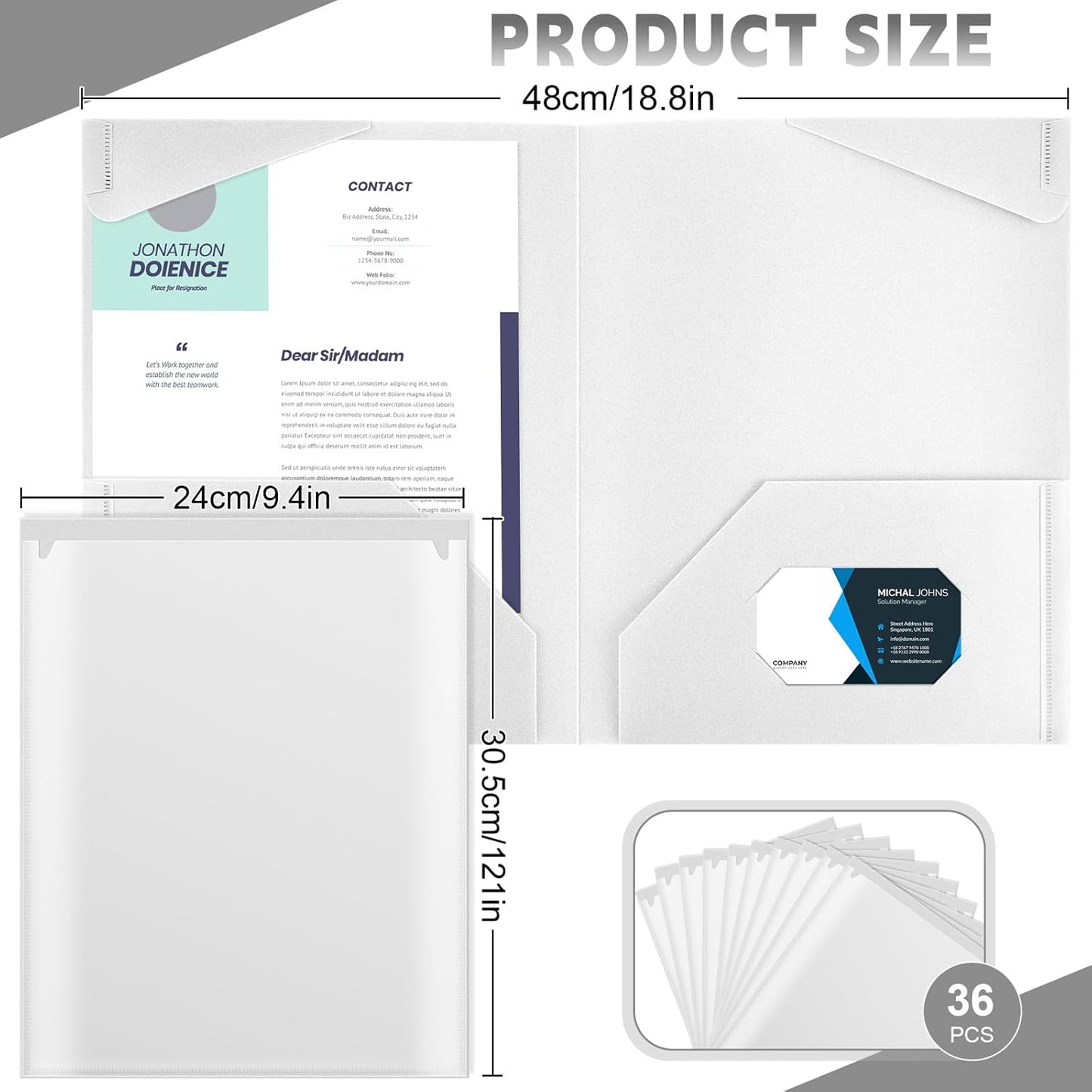 Henoyso 36 Pcs Plastic Folders with Clear Front Pockets Heavy Duty File Folders with 2 Pockets and Card Slot for Student Communication School Office Presentation Report (White)