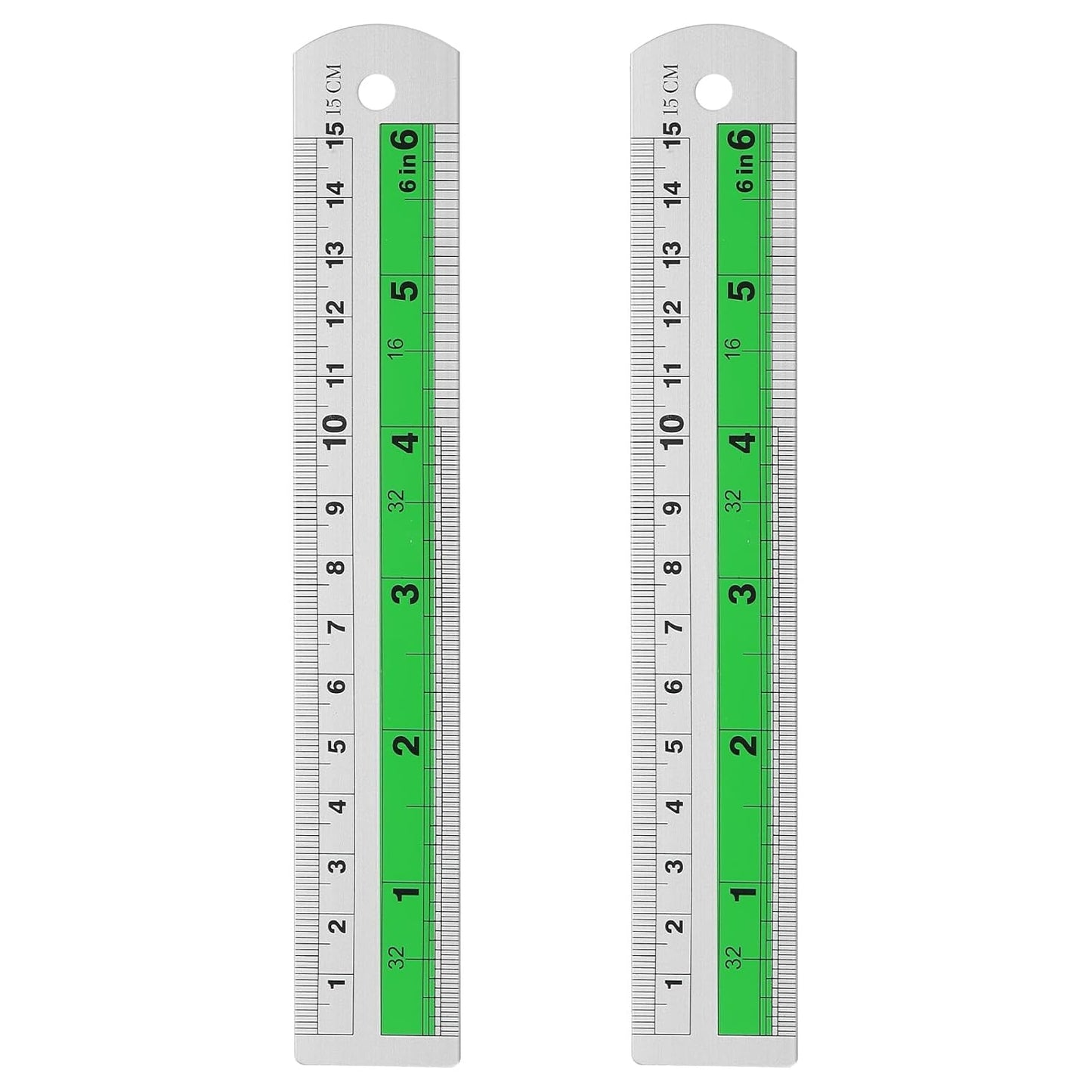 HARFINGTON 2pcs Metal Straight Ruler 15cm Metric SAE Aluminum Alloy Measuring Rulers Scale Tool with Hole for Measure Study Reading Classroom Office, Green