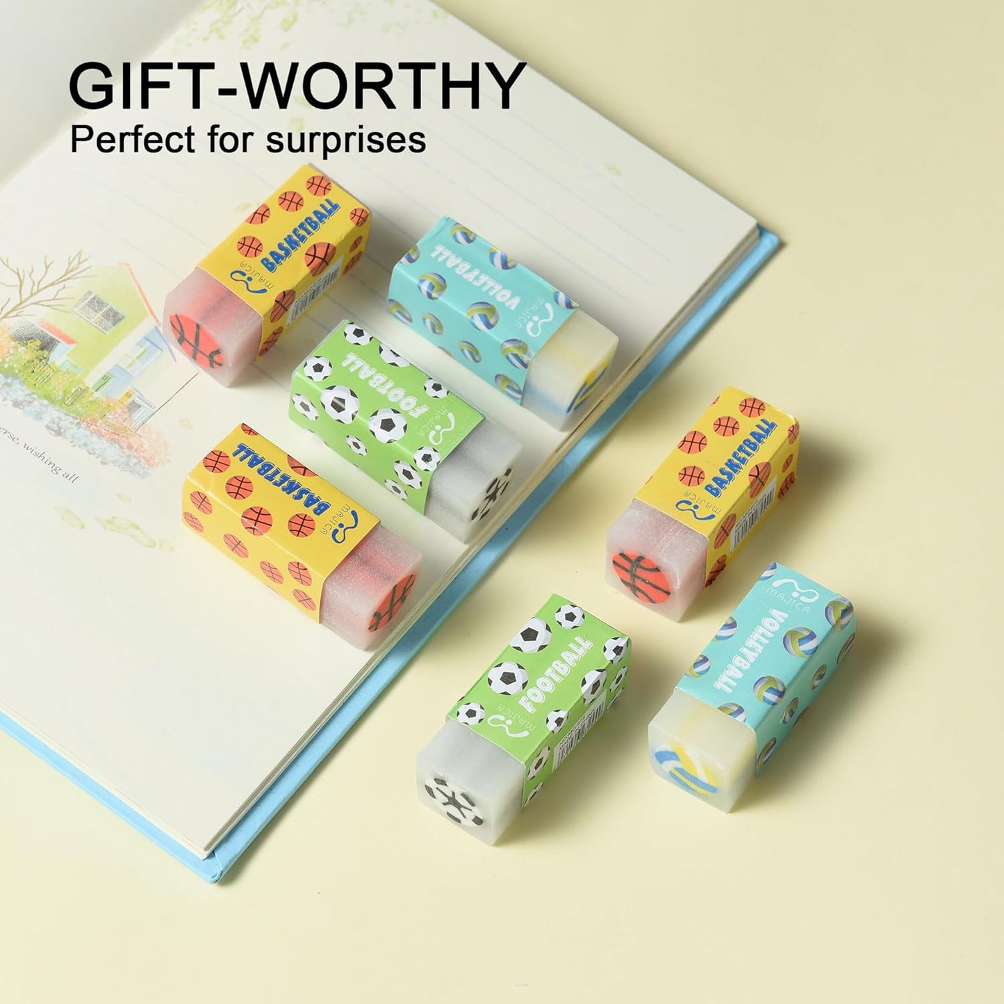 18Pcs Cute Sports Ball Erasers for Kids Bulk, Fun Basketball Soccer Volleyball Pencil Jelly Erasers for School Classroom Supplies Prize Gifts Party Favors