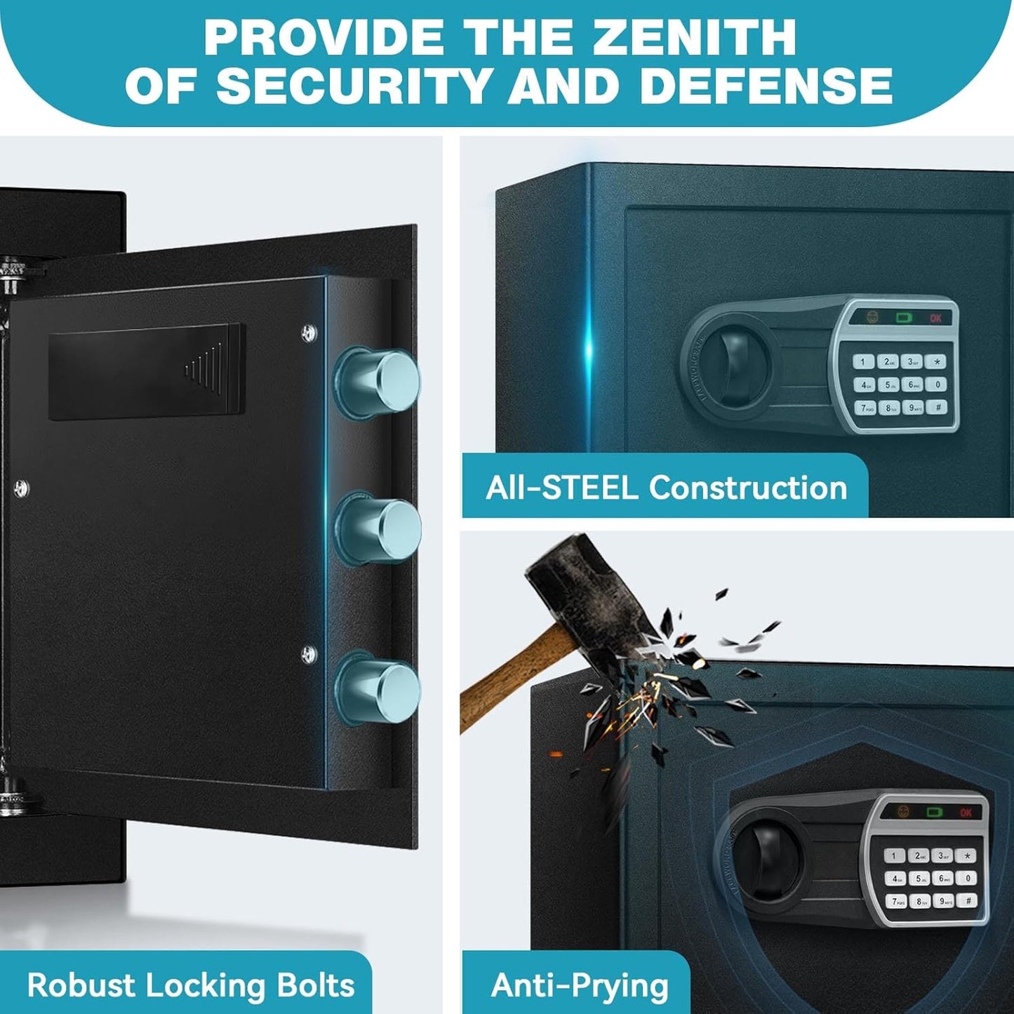 1.6 Cuft Safe Box, Home Safes with Fireproof Waterproof Bag, Anti-Theft Safety Box with Digital Keypad, Smart Alert System, Spare Keys, Removable Shelf, LED Light, Personal Document Safe