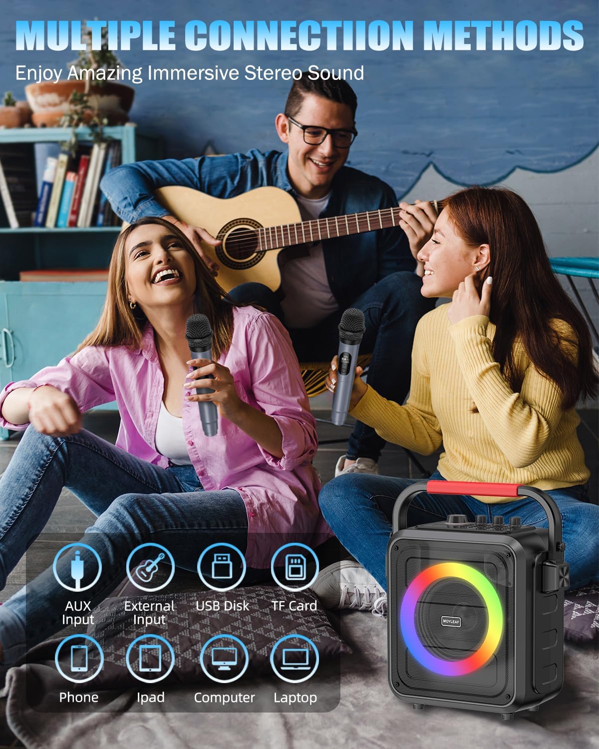 Karaoke Machine,Karaoke Machine for Adults & Kids,Portable Karaoke Speaker with 2 Wireless Microphones,PA System Supports Live/TF Card/USB/AUX//REC/TWS