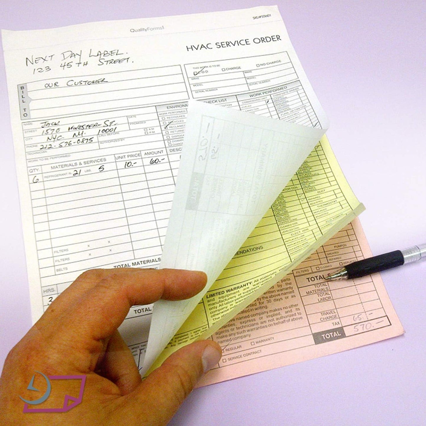 HVAC Service Order Invoice & Repair Detail Form, 3 Part Forms Carbonless (No Company Name Printed) 100 Sets