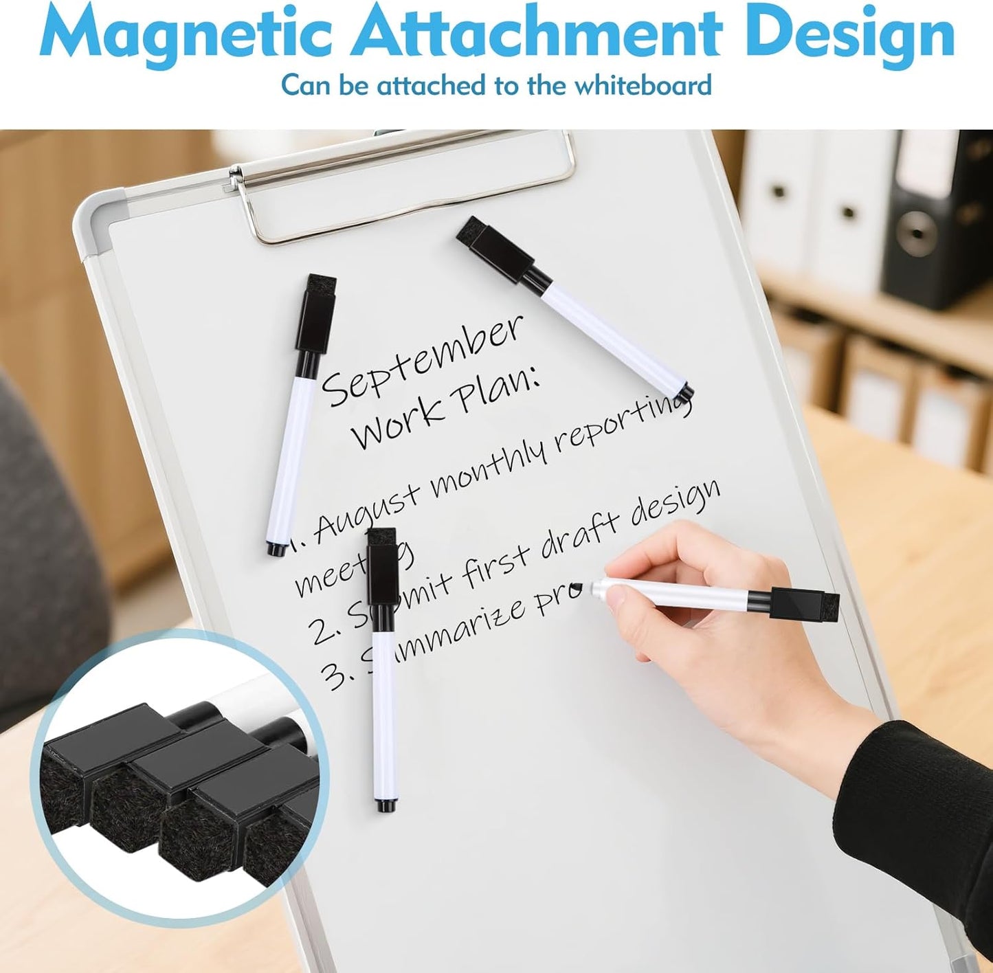 12 Pcs Black Dry Erase Markers, Whiteboard Dry Erase Markers Fine Tip Small Magnetic Dry Erase Marker with Eraser Cap for School, Home, Office Supplies