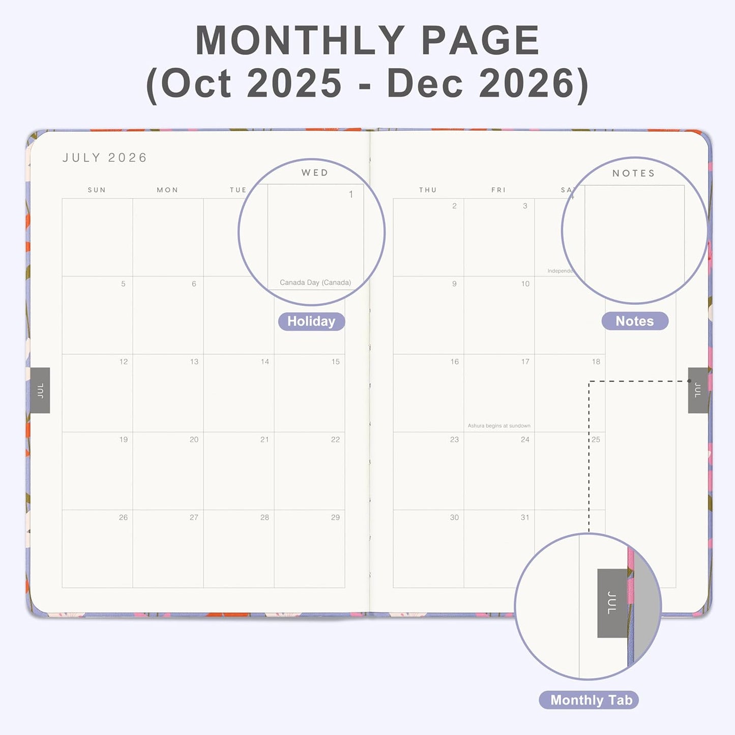 And Per Se 2026 Planner with Pattern-Daily, Weekly & 15-Monthly Leather Hardcover Planner, 5.7" x 8", Daily Schedule, Monthly Tabs, 100 GSM Thick Paper, Back Pocket(Blossom Purple)