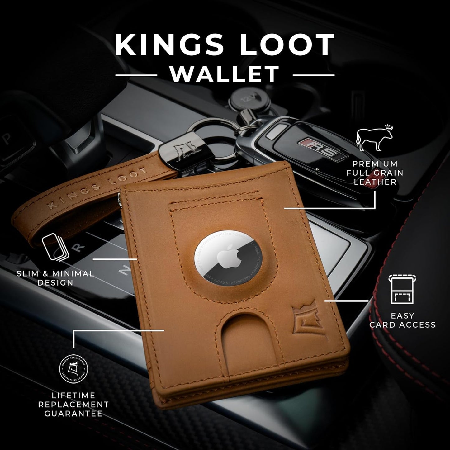 Kings Loot Trackable Airtag Wallet for Men | RFID Blocking Leather Design with Airtag Holder, Money Clip & Pull Tab | Minimalist Air Tag Wallets