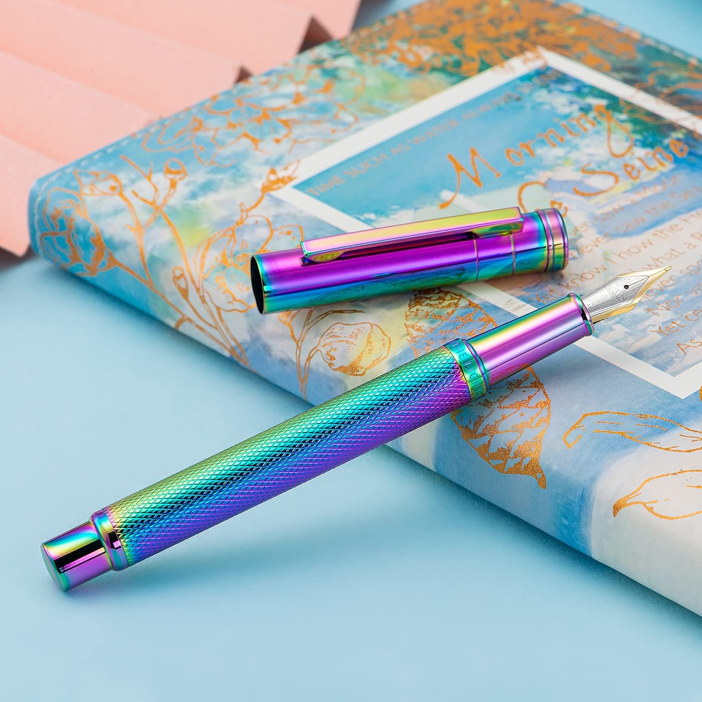 Hongdian Rainbow Forest Fountain Pen Blade Nib Classic Design Calligraphy Pen with Converter and Metal Pen Case Set