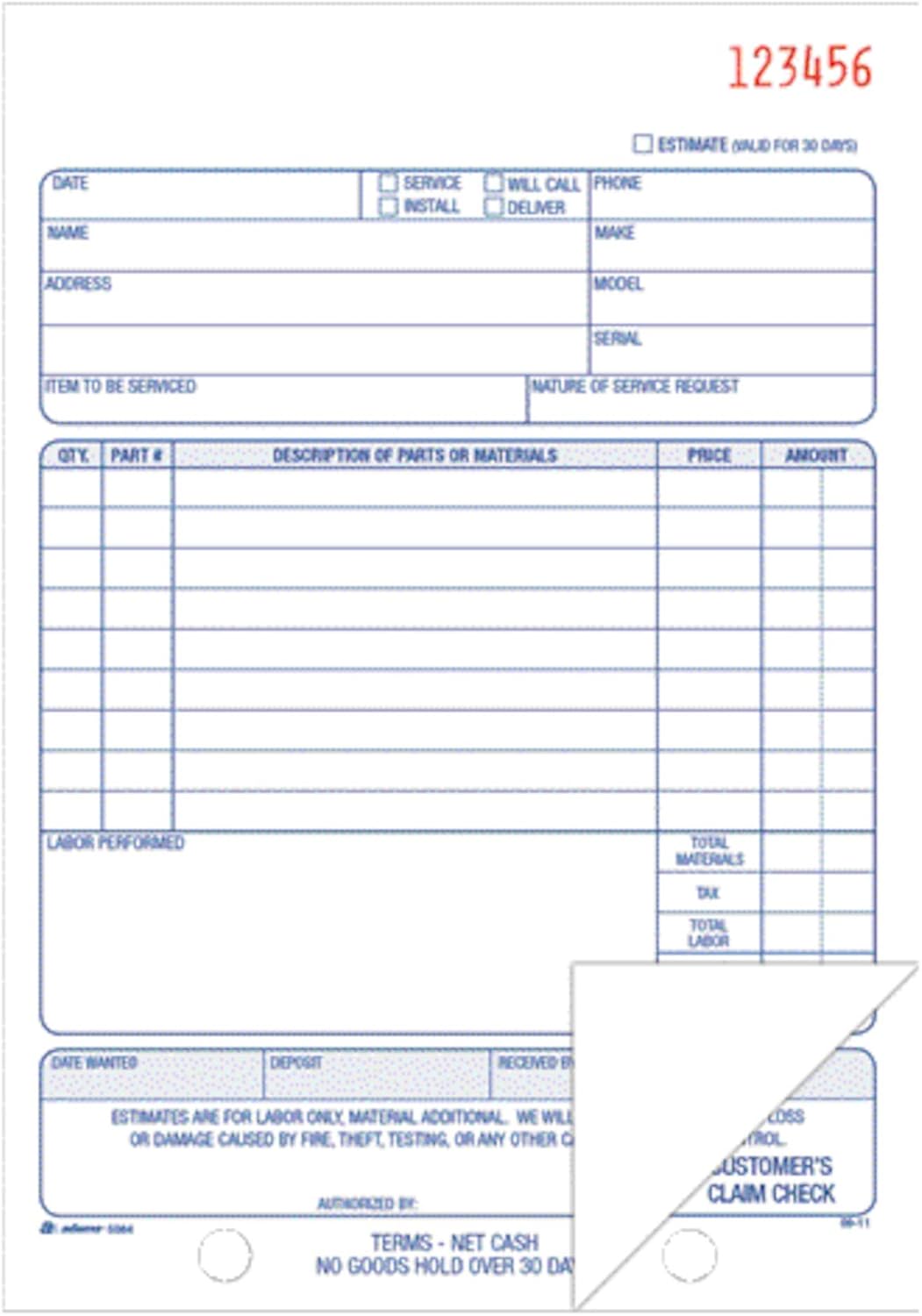 Adams Repair Order Book, Carbonless, 2-Part, White/White, 5-9/16 x 8-7/16 Inches, 50 Sets (D5084) (Pack of 10)