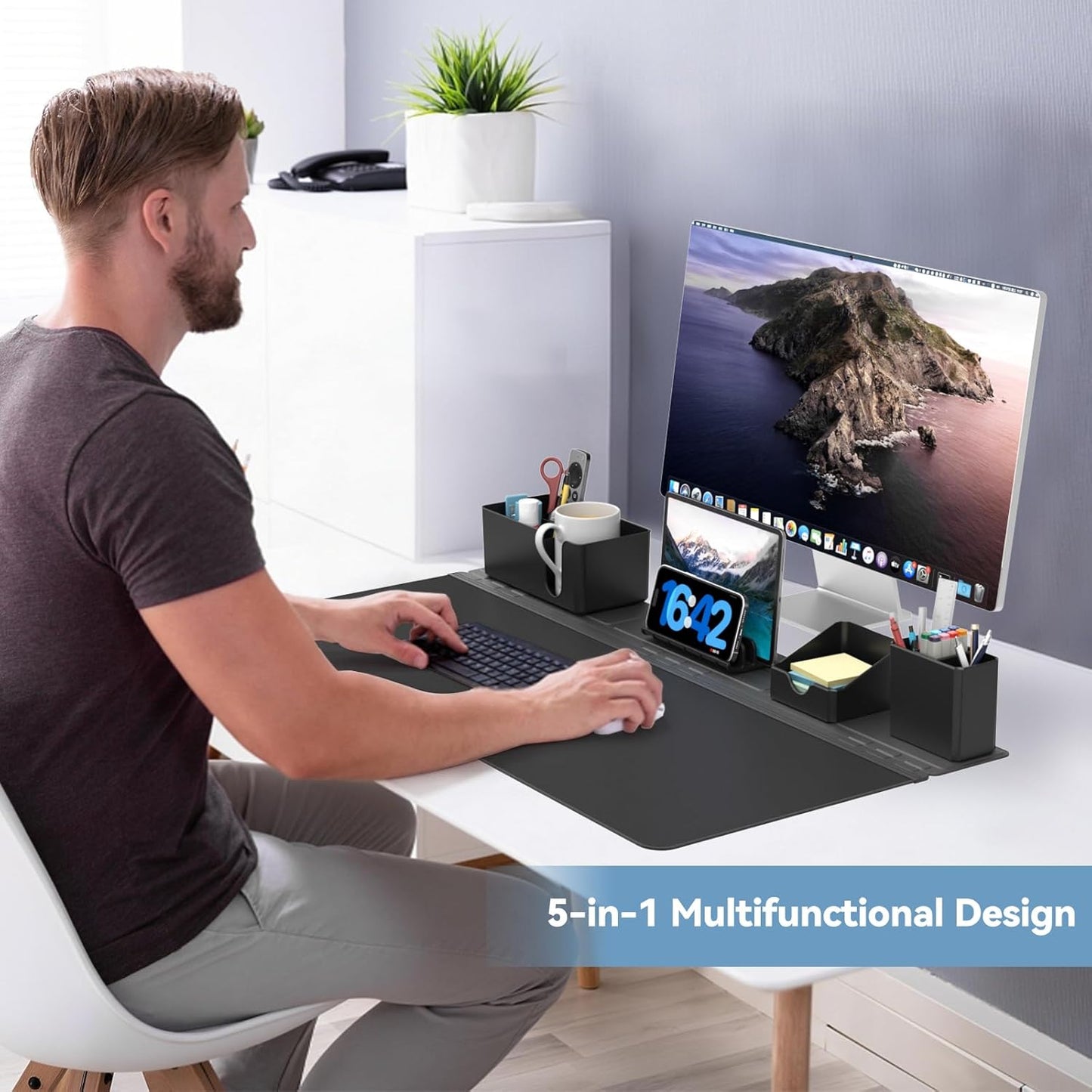 KDD Desk Pad and Magnetic Organizer Set - 5 in 1 Large Mouse Mat with Phone Stand, Cup Holder, Pen Holder, Storage Box & Card Case, Multifunction DIY Desktop Storage Accessories for Office and Home