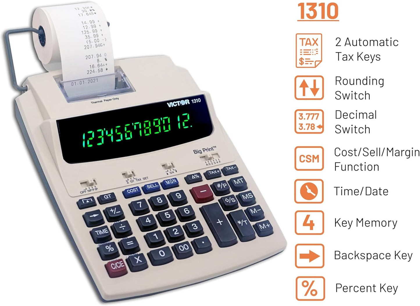 Victor 1310 Big Print Printing Calculator, 12-Digit LED Display, Fast Ink-Free Printing (8.0 LPS), Cost/Sell/Margin Keys, Advanced Business Functions, 2-1/4" Thermal Paper