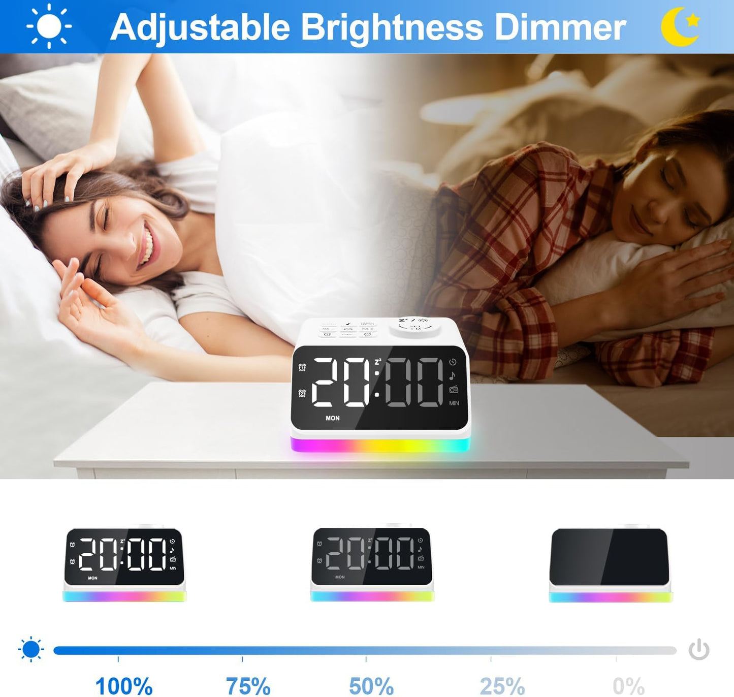 JALL Digital Alarm Clock with FM Radio for Bedroom, 8 Colors Night Light with 2 Charging Port, Sleep Sound Machines with Timer, Dual Alarm, Loud Alarm and Easy to Use for Seniors and Kids as Gift