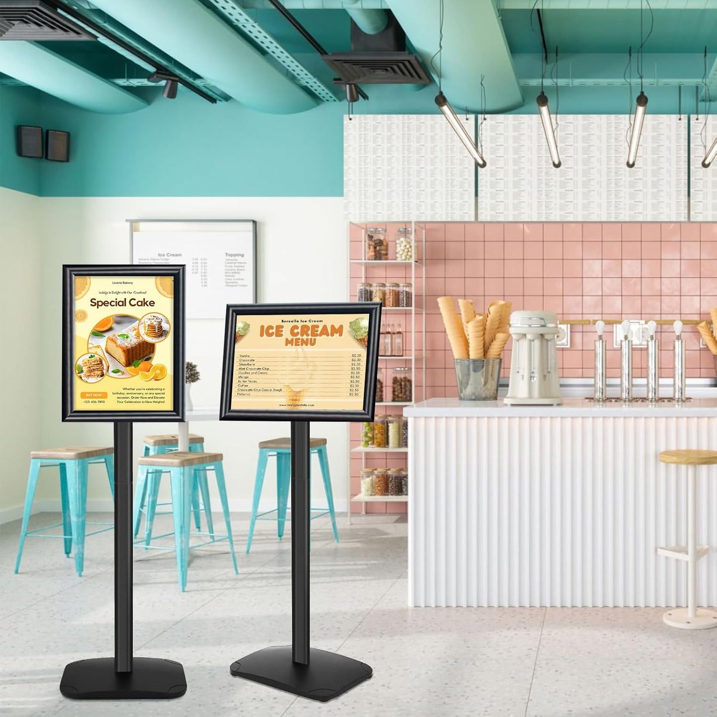 Heavy Duty Pedestal Sign Holder for Display, 8.5 x 11 inches Adjustable Floor Standing Sign Holder with Weighted Base , Vertical and Horizontal View Sign Stand for Indoor/Outdoor Advertising，Black