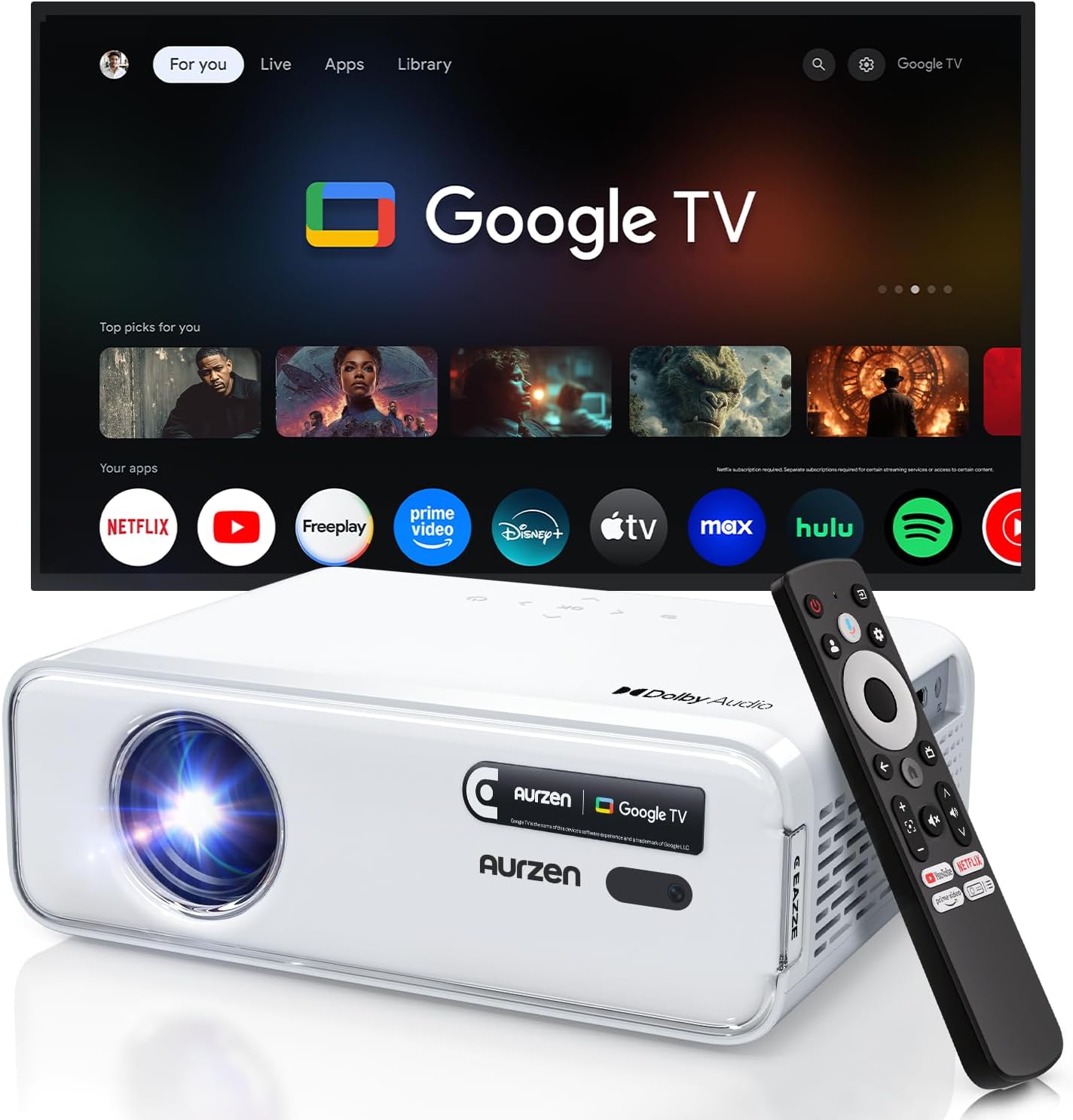 Aurzen EAZZE D1G 4K Supported Google TV Smart Projector with WiFi & Bluetooth, Auto Focus & Keystone, Dolby Audio, Zoom, Movie, Portable Mini Projector for Home & Outdoor Use