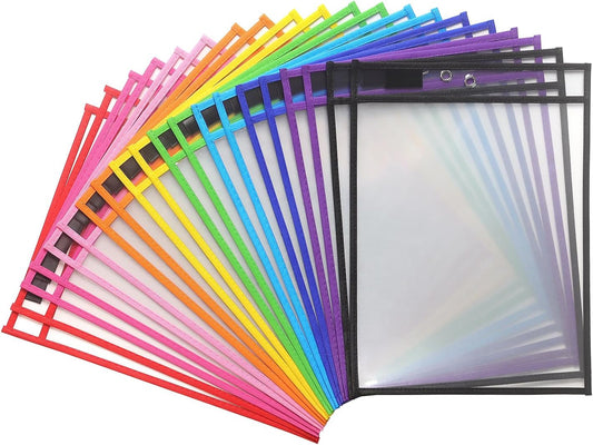 20 Pack Dry Erase Pockets with Rings, 10 x 14 Inch Ticket Holders Clear Plastic Sleeves Sheet Protectors for Teacher Classroom Sleeves, 10 Assorted Colors