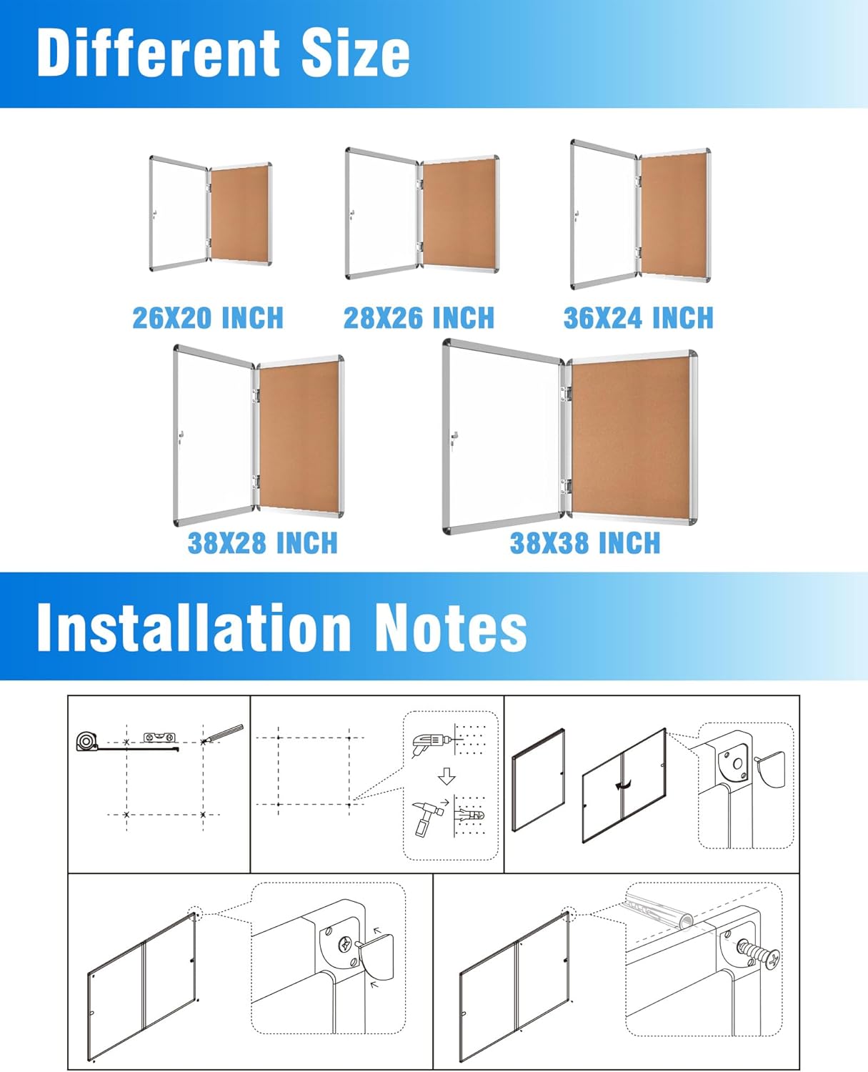 2 Pack 36"x24" Enclosed Bulletin Board, Lockable Weather-Resistant Aluminum Cork Noticeboard for School & Office, Silver Frame w/Cork