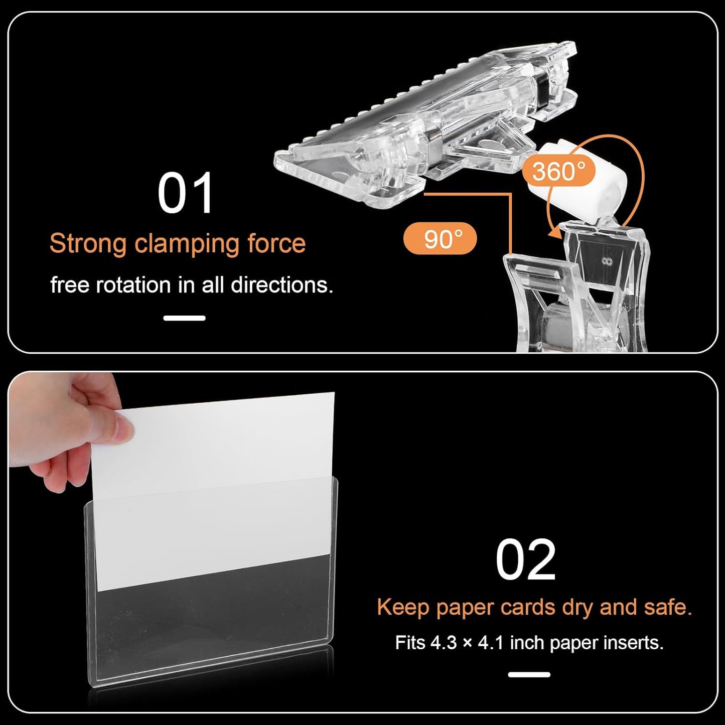 20 Pcs Clear Rotating Sign Holder with Clip, Sign Clips POP Swivel Sign Holding Clamp for Retail Store Office, 4x6 Inch PVC Card Holder Protector for Merchandise Display Tags