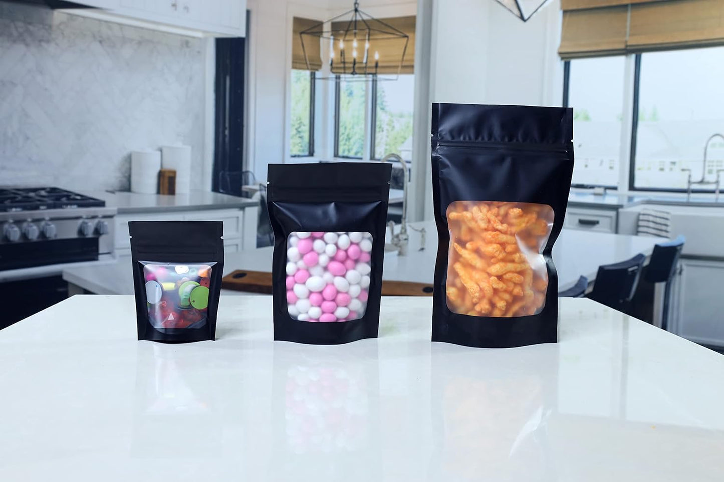 HANSER | Smell Proof Odorless Mylar Resealable Foil Pouch Bags with clear Window | Stand up bottom | Airtight | matte black | 100 Pieces | 4.8x8.2 Inches